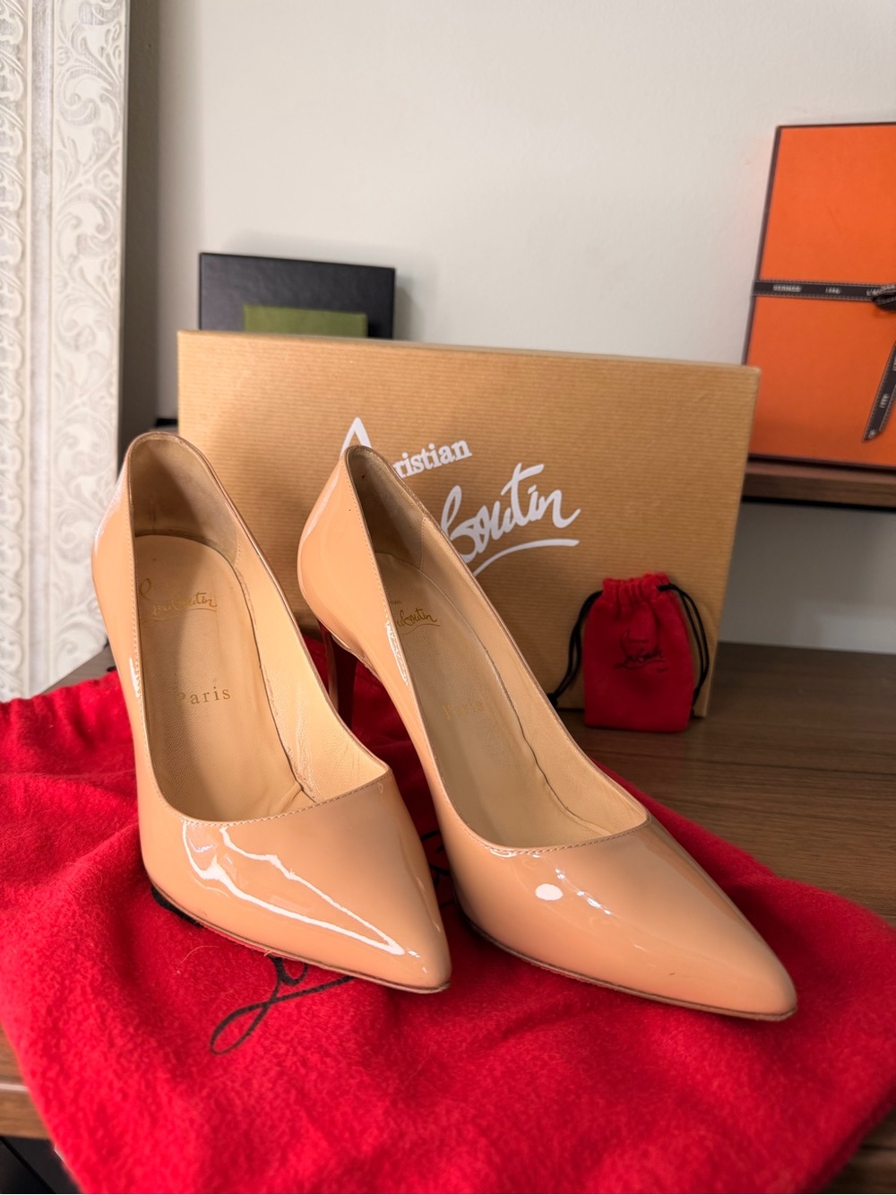 AUTHENTIC - Christian Louboutin Nude Patent Pigalle 85 Pointed-Toe Pumps